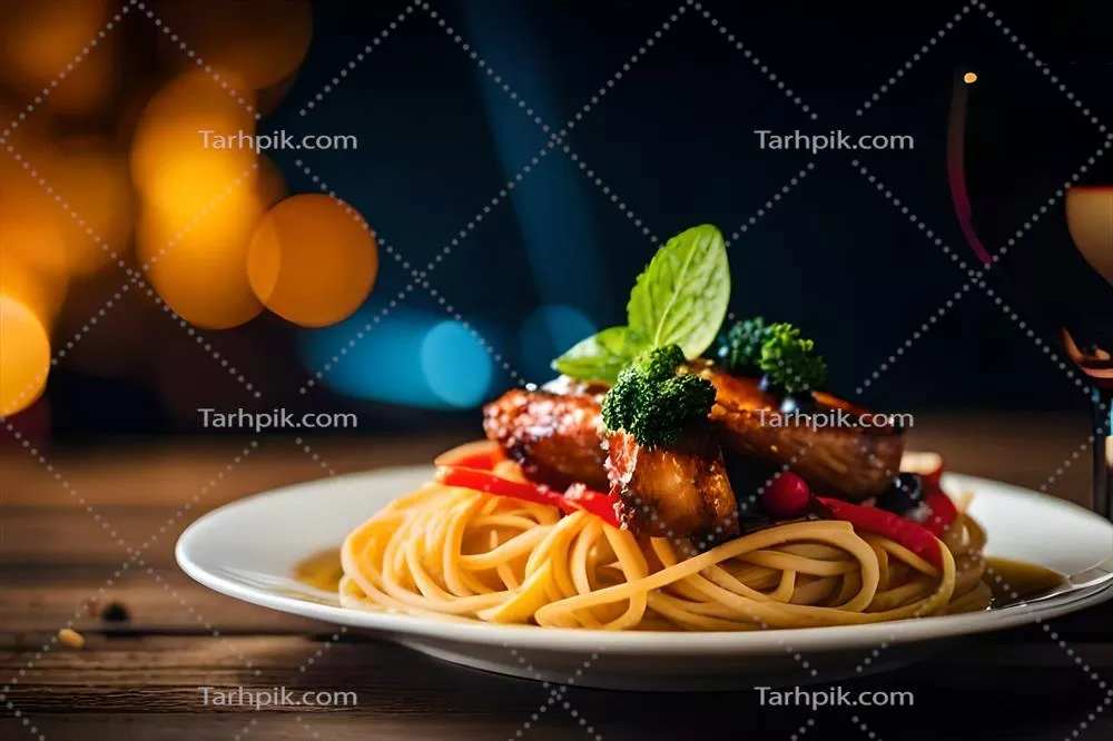 عکس غذای خوشمزه: بشقاب ماکارونی با گوشت و سبزیجات بر روی میز چوبی