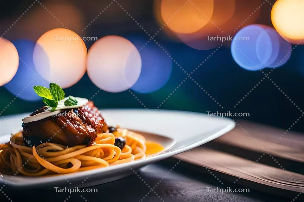 عکس یک بشقاب اسپاگتی با گوشت و پنیر بر روی میز چوبی