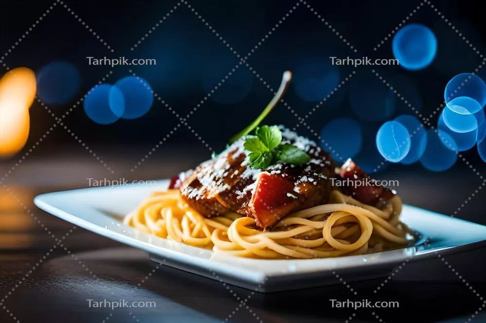 عکس اسپاجتی با گوشت و سس بر روی بشقاب - هنر تولید شده با هوش مصنوعی