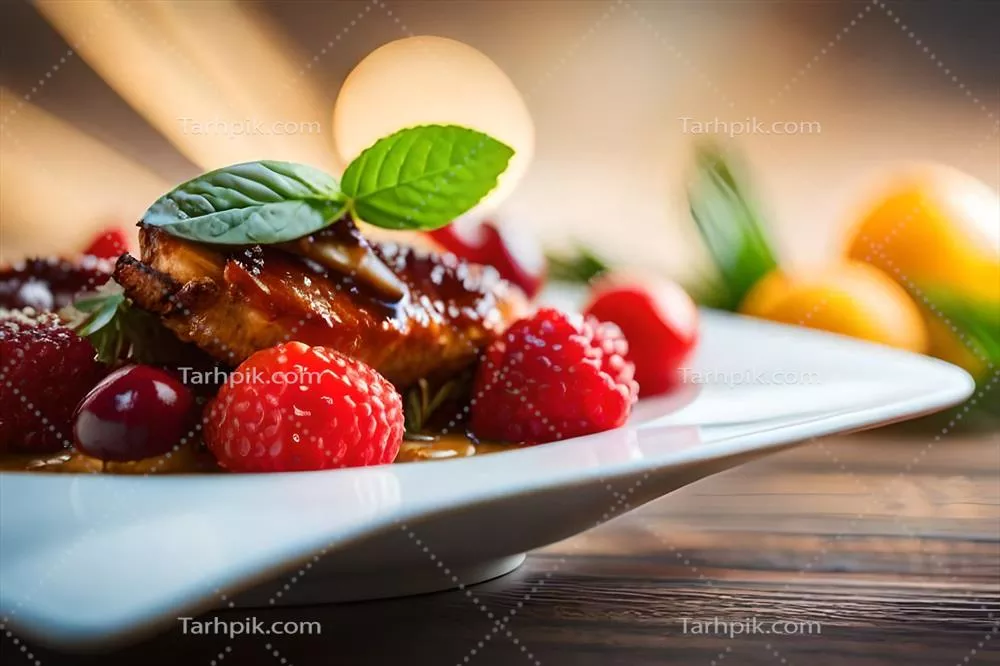 عکس تصویر یک بشقاب با میوه و گوشت به شیوه هوش مصنوعی تولید شده است