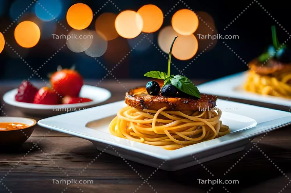 عکس اسپاگتی با سس گوجه‌فرنگی و ریحان بر روی بشقاب - تصویری تولید شده با هوش مصنوعی