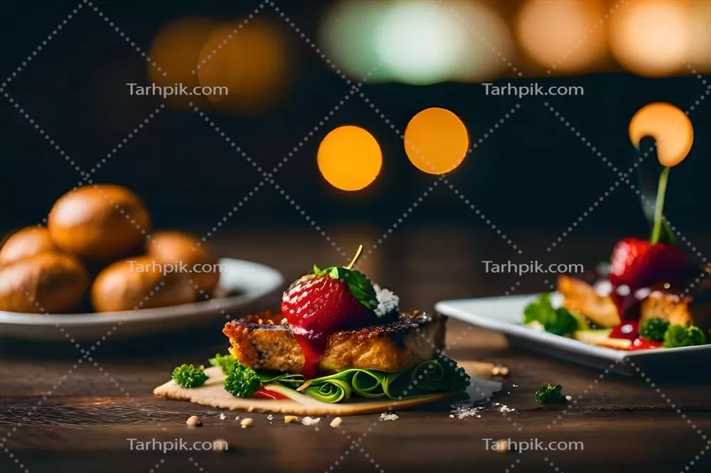 عکس استفاده از هوش مصنوعی برای طراحی بشقابی از غذا با توت‌فرنگی و گوشت