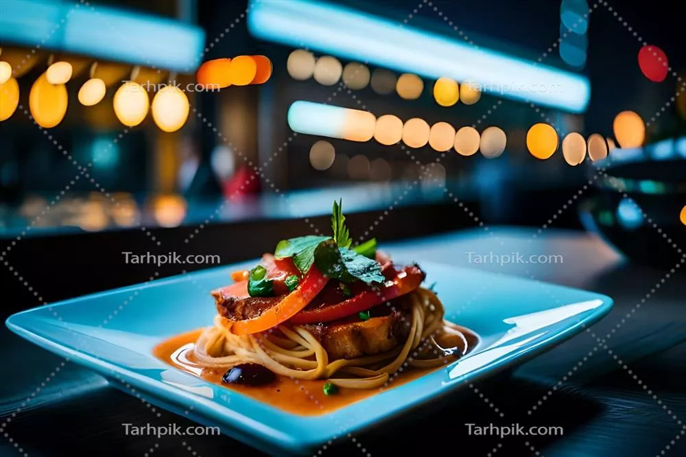عکس یک بشقاب اسپاگتی با سس گوجهفرنگی بر روی میز به صورتی هوش مصنوعی تولید شده است