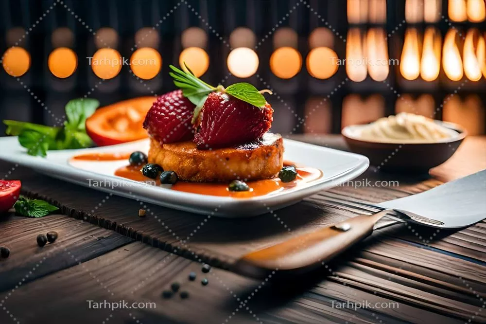 عکس تصویری از یک بشقاب با دسر و توت‌فرنگی‌های زیبا (تولید شده با هوش مصنوعی)