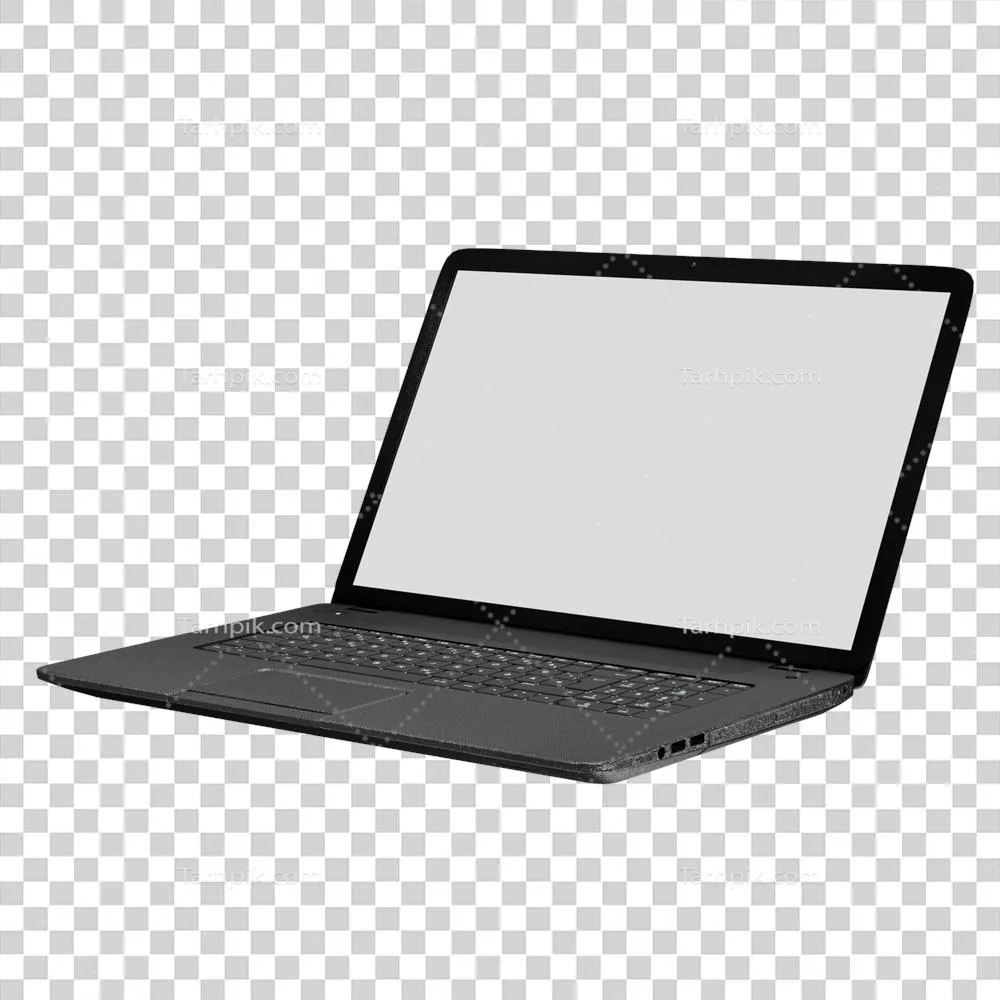 عکس دوربری تصویری سه بعدی از لپتاپ با صفحه نمایش خالی و کیبورد