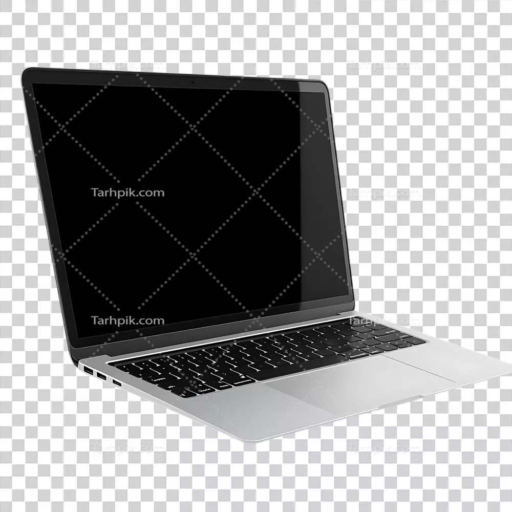 عکس دوربری لپ‌تاپ با پس‌زمینه شفاف: طراحی مدرن و مینیمالیستی با نمایشگر باز و صفحه‌کلید نقره‌ای