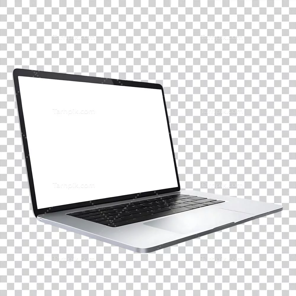 عکس دوربری لپ تاپ نقره ای براق با صفحه نمایش سفید خالی و فضای کار دیجیتال مدرن