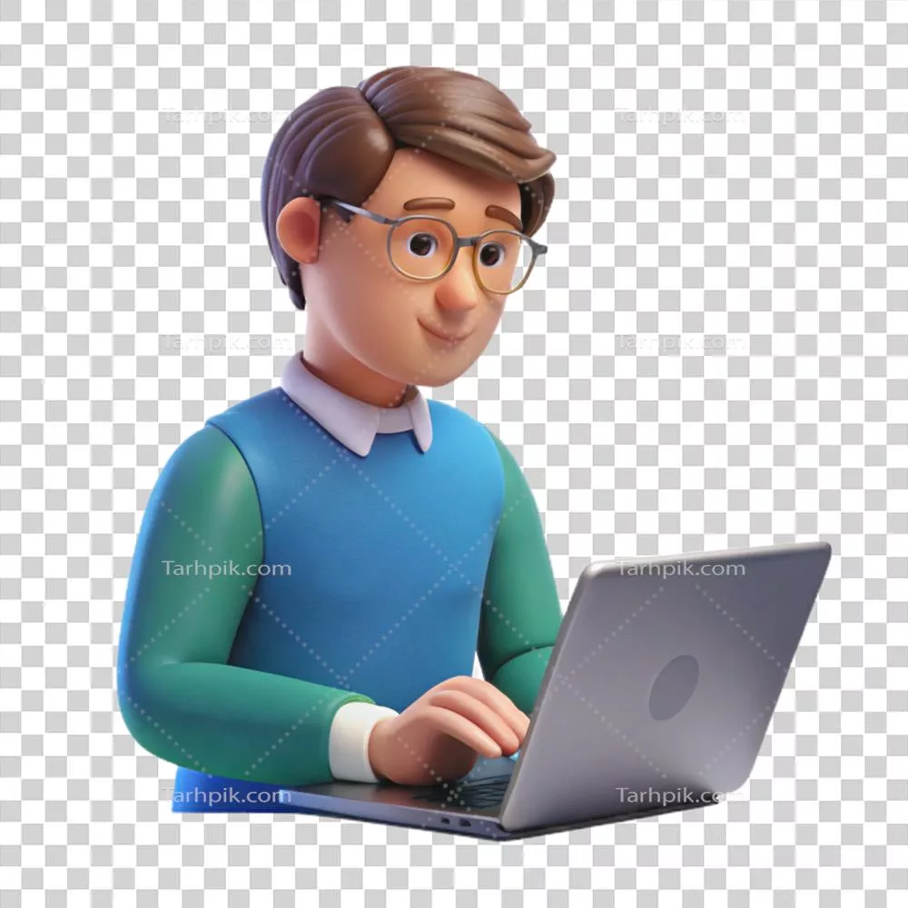 عکس دوربری نویسنده خلاق در حال تایپ کردن روی لپ‌تاپ با پس‌زمینه شفاف و کیفیت فوق‌العاده بالا