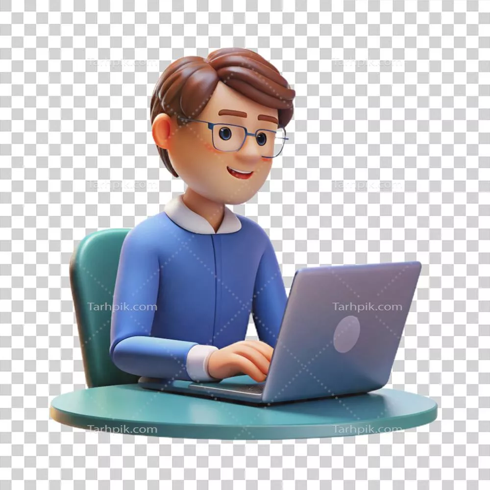 عکس دوربری نویسنده الهام‌گرفته در سبک روستایی در حال تایپ بر روی لپ‌تاپ با پس‌زمینه شفاف و کیفیت بالا