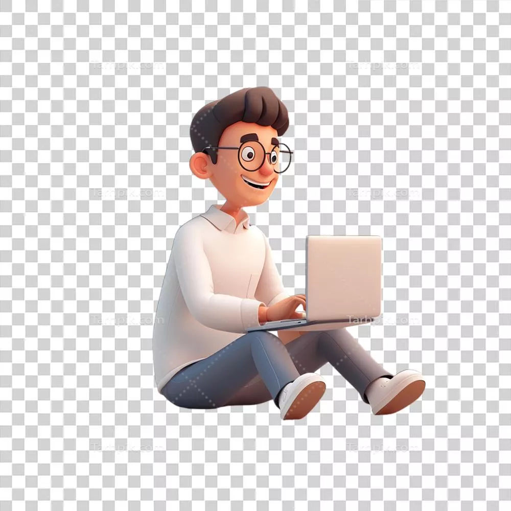 عکس دوربری کارتون یک مرد در حال نشستن روی زمین با لپ‌تاپ خود