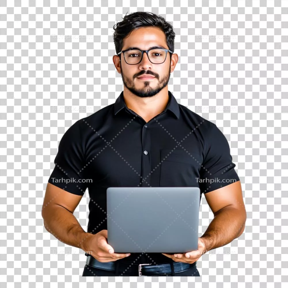 عکس دوربری مرد حرفهای با اعتماد بنفس در حال استفاده از لپتاپ در فضای کار مدرن