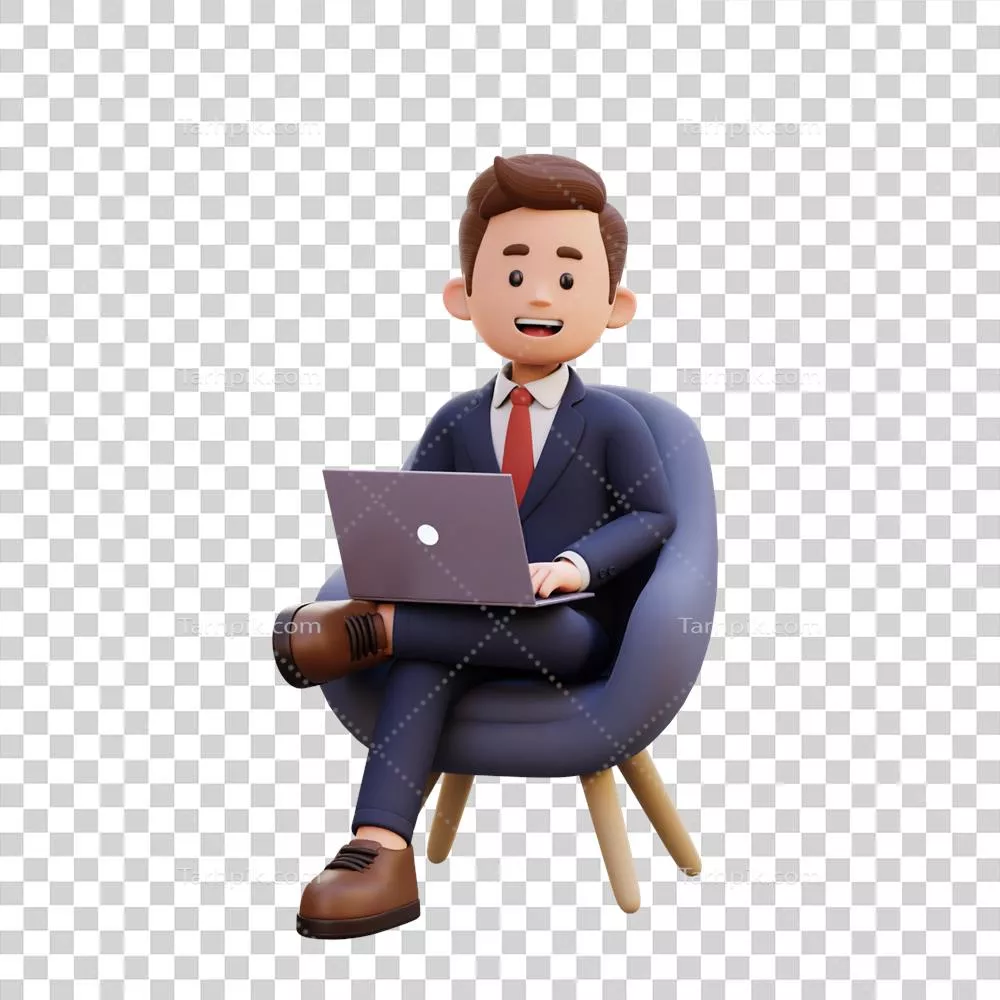 عکس دوربری شخصیت مرد سه‌بعدی نشسته بر روی کاناپه و کار کردن با لپ‌تاپ