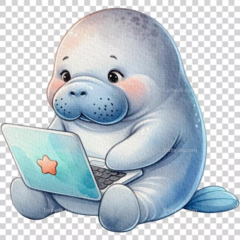 عکس دوربری تصویر زیبا از مانی‌تی که با لپ‌تاپ خود در حال کار است و به صورت کارتون آبرنگی طراحی شده است