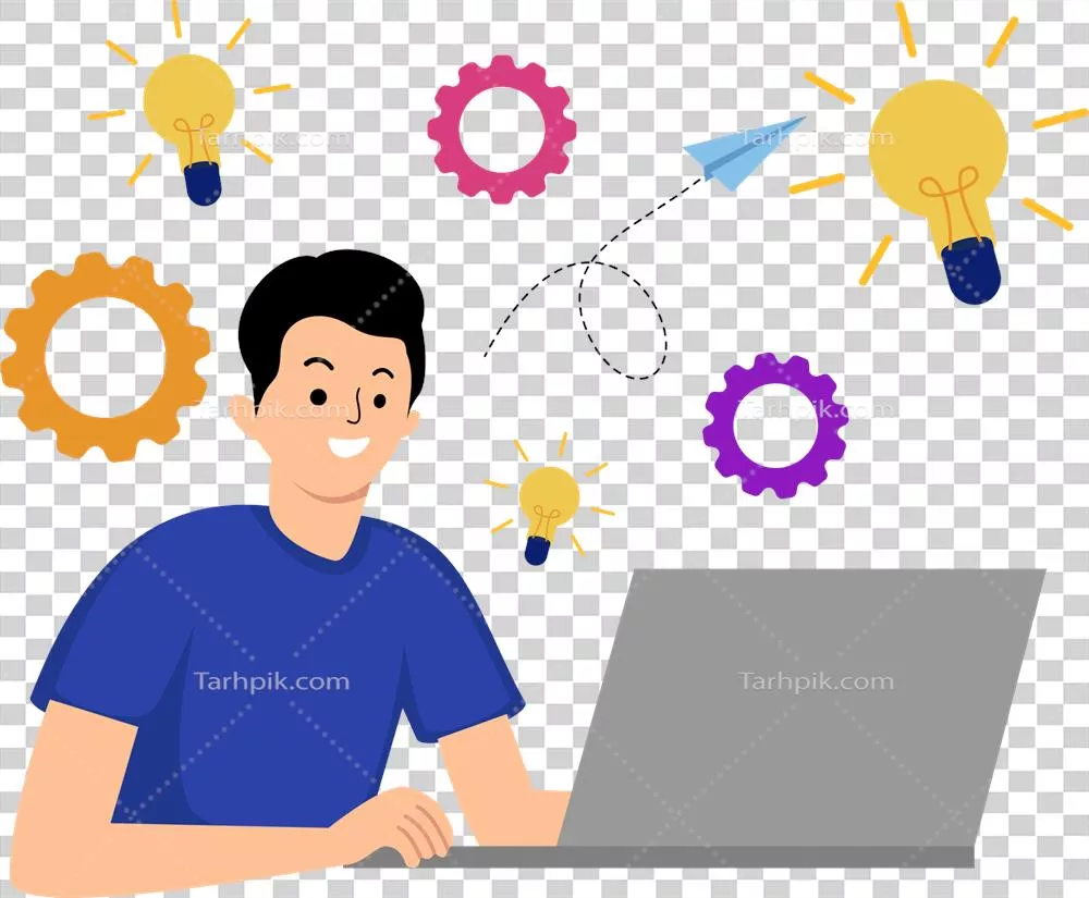 عکس دوربری کارآفرین هوشمند در حال کار با لپ‌تاپ بر روی ایده‌های نوآورانه و چرخ‌دنده‌ها