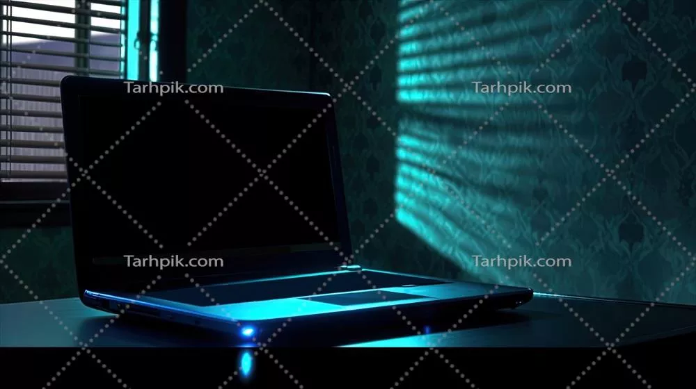 عکس لپ‌تاپ روشن با دسکتاپ پیش‌فرض در اتاق تاریک به همراه فناوری هوش مصنوعی
