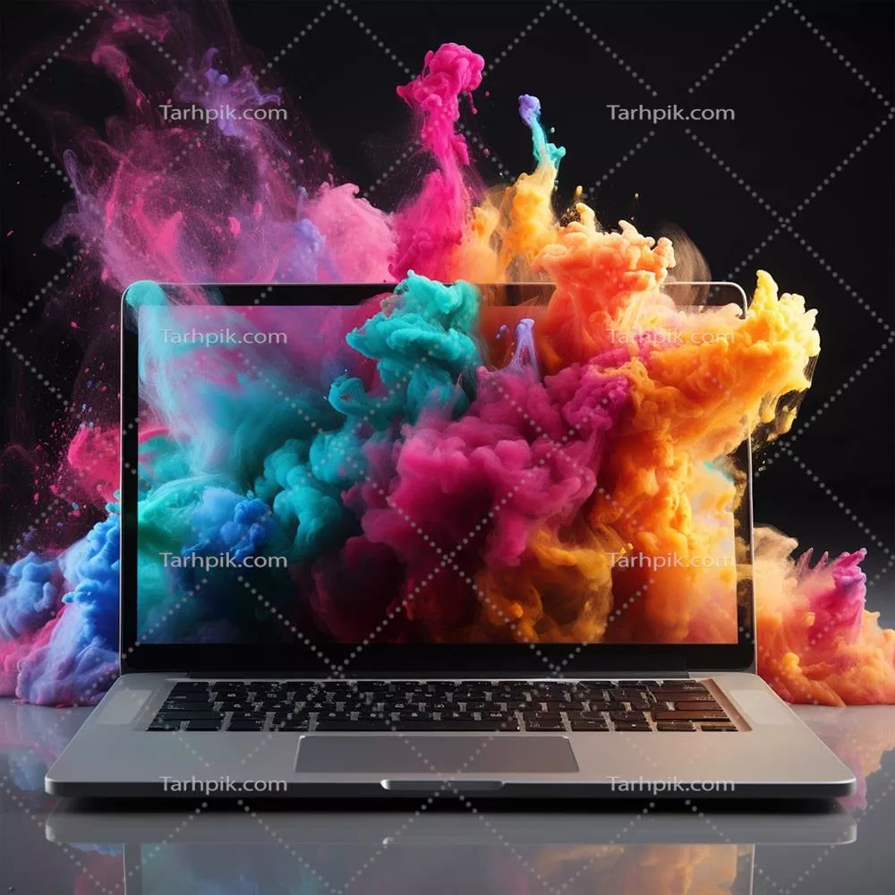 عکس لپ‌تاپ با صفحه‌نمایش خالی و انفجار قوی پودر رنگی در هولی