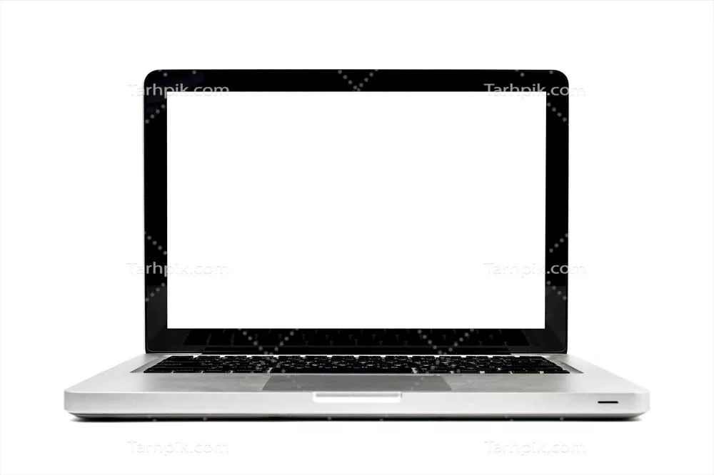 عکس مسیر برش لپ‌تاپ مدرن با صفحه‌نمایش سفید در پس‌زمینه سفید و نمای ماکاپ