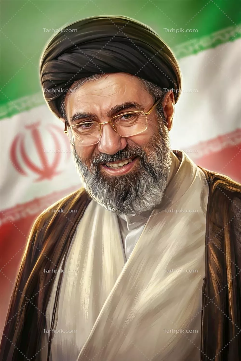 عکس با کیفیت رهبر ایران آیت الله خامنه ای با پس زمینه پرچم