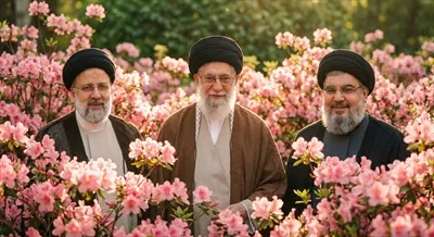 عکس و تصاویر مقام معظم رهبری آیت الله خامنه ای در کنار شهید حاج قاسم سلیمانی و شهید سید حسن نصرالله در گل های بهشت