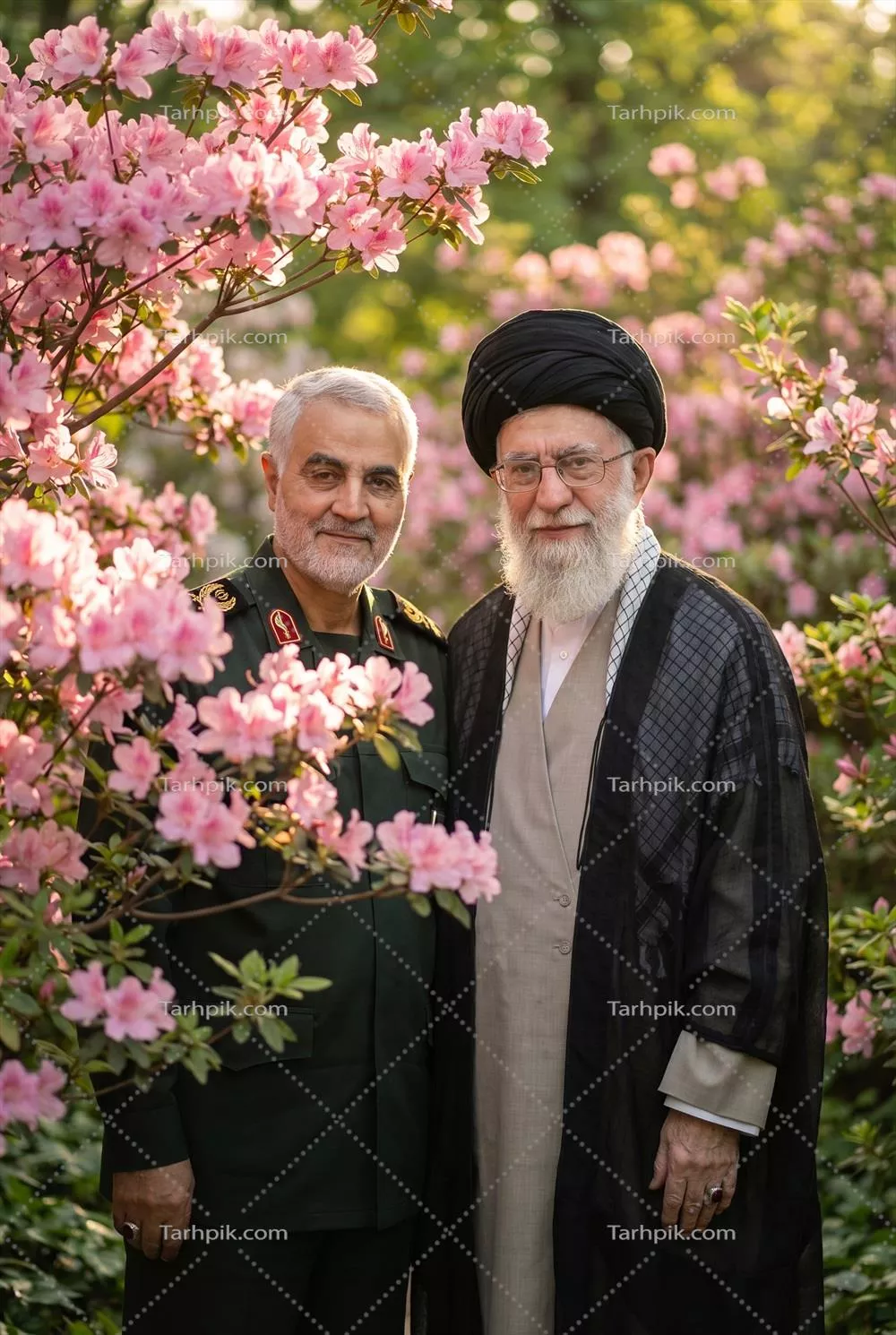 مقام معظم رهبری آیت الله خامنه ای و حاج قاسم سلیمانی در گلهای بهشتی