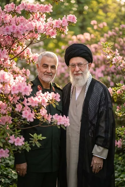 مقام معظم رهبری آیت الله خامنه ای و حاج قاسم سلیمانی در گلهای بهشتی
