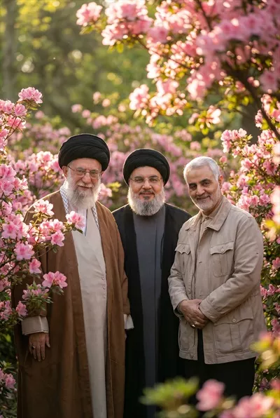 مقام معظم رهبری، حاج قاسم سلیمانی و سید حسن نصرالله در گل های بهشتی