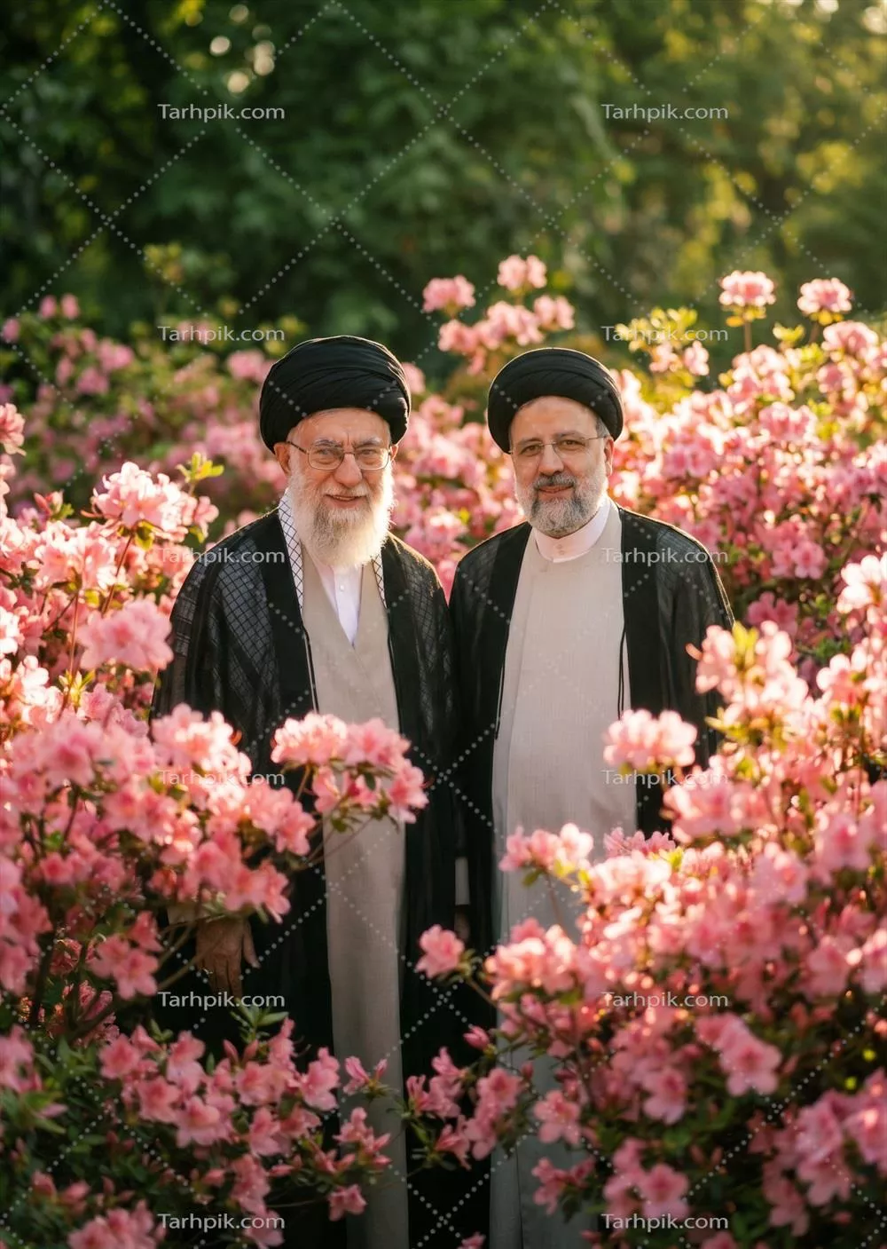 عکس آیت الله خامنه ای و آیت الله رئیسی در گلهای بهشتی
