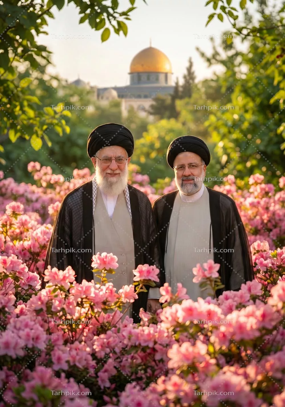 تصویر آیت الله خامنه ای در کنار شهید سید ابراهیم رئیسی در گلهای بهشتی با پس زمینه حرم