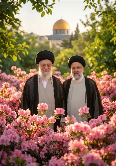 تصویر آیت الله خامنه ای در کنار شهید سید ابراهیم رئیسی در گلهای بهشتی با پس زمینه حرم