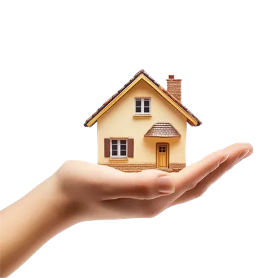 عکس دوربری نگهداری از یک خانه مینیاتوری در کف دست در یک محیط روشن و سفید برای مفاهیم املاک و مستغلات