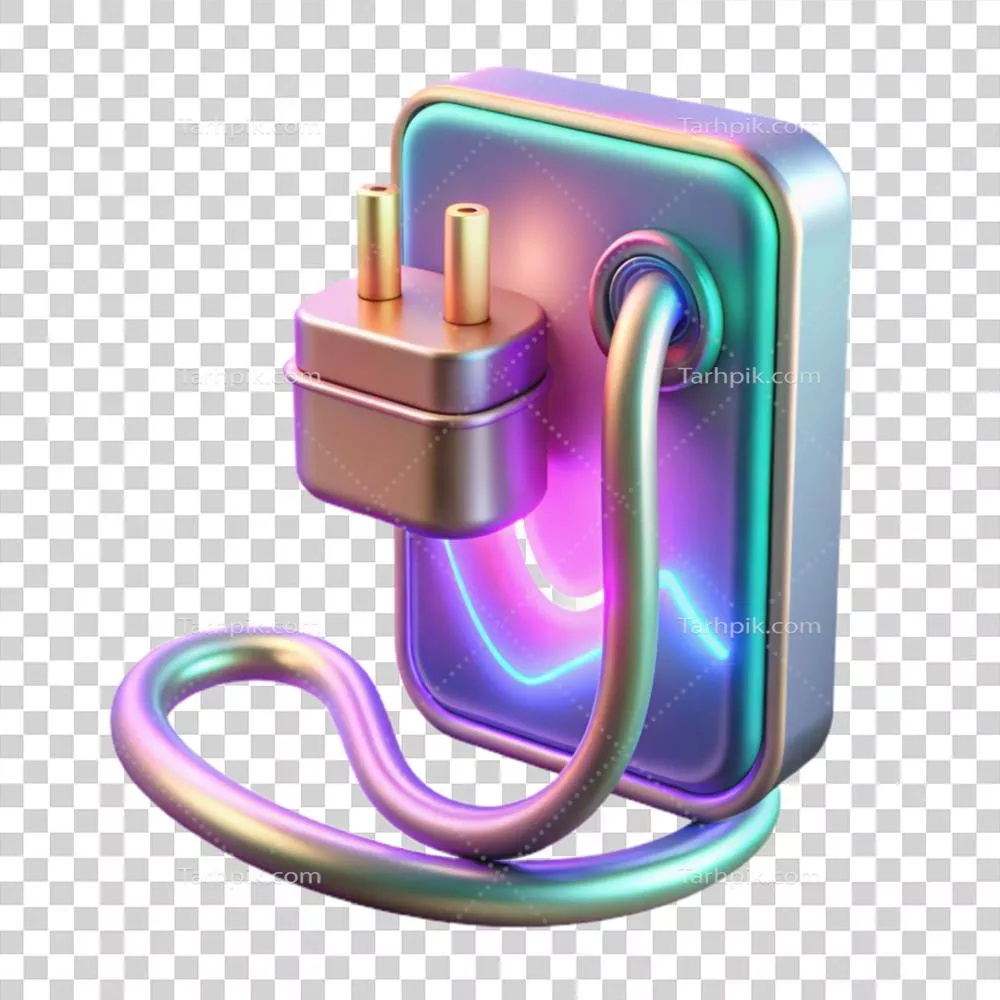 عکس دوربری آیکون منبع برق الکتریکی با دو شاخه نئون و کابل