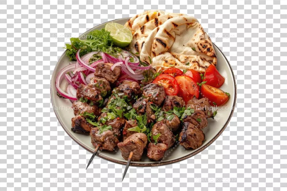 عکس دوربری سیخ کباب با گوشت و سبزیجات بر روی یک بشقاب خوشمزه و رنگارنگ