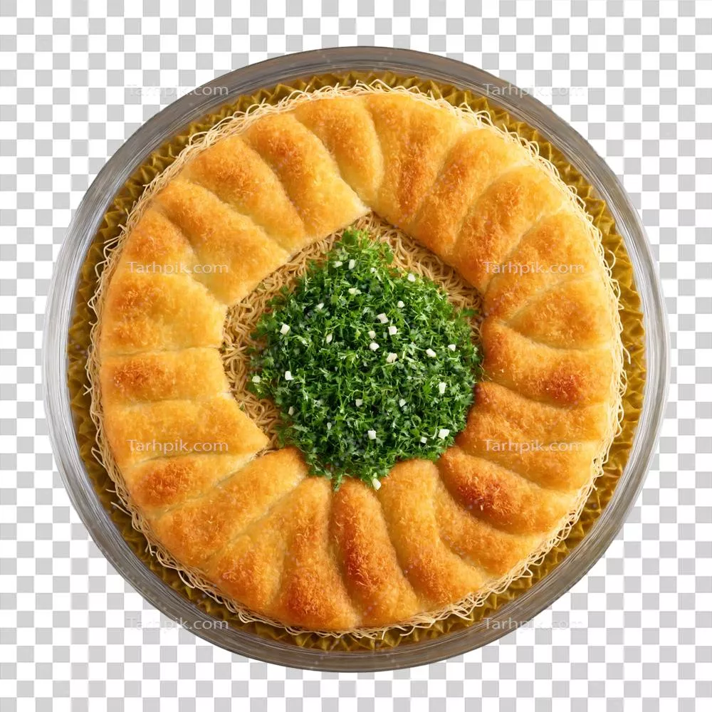 عکس دوربری کنافه؛ دسر شیرینی پر از پنیر در ظرف شفاف با رشته فرنگی ترد