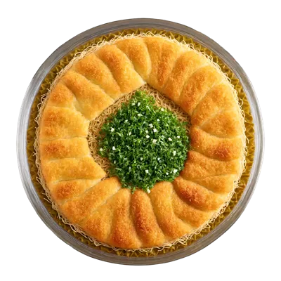 عکس دوربری کنافه؛ دسر شیرینی پر از پنیر در ظرف شفاف با رشته فرنگی ترد