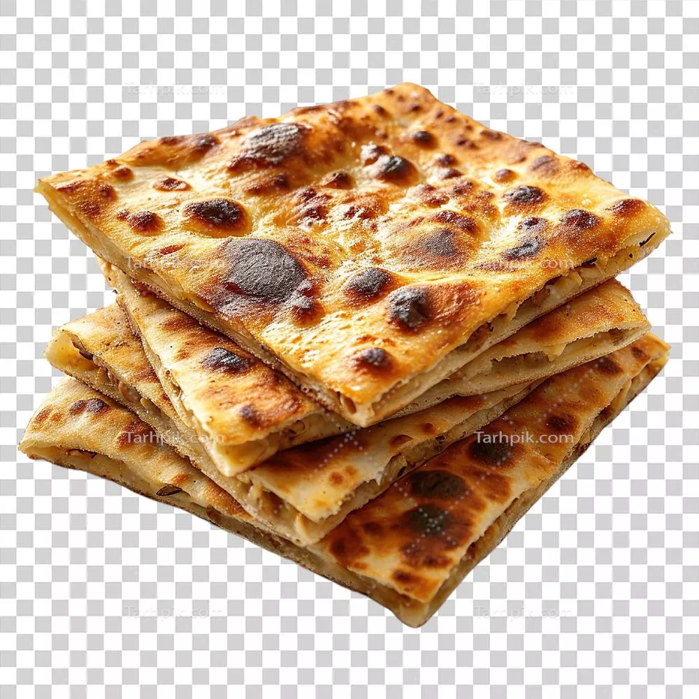 عکس دوربری یک توده چهار نان تخت با پوسته قهوهای طلایی بر روی پسزمینه شفاف
