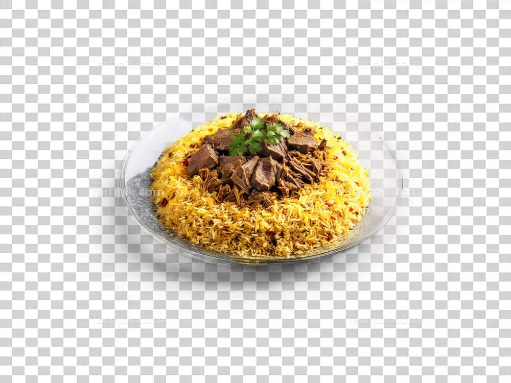عکس دوربری برنج بریانی خورشیده با گوشت بره نرم و عطر بینظیر در ظرف شفاف