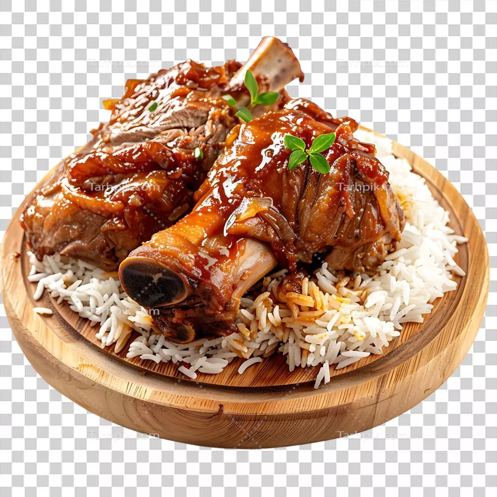 عکس دوربری خوراک پای خوک پخته شده روی برنج بر روی تخته چوبی با پس زمینه شفاف