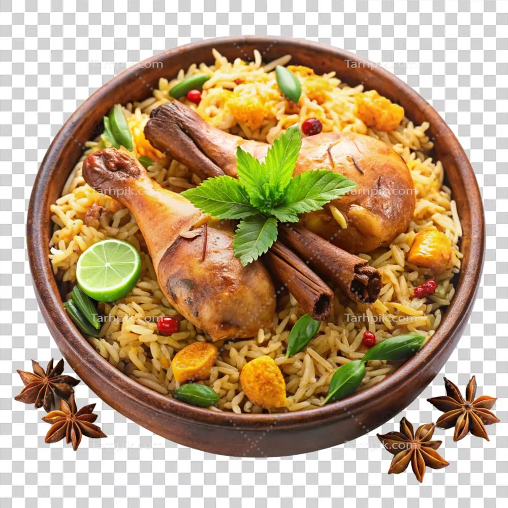 عکس دوربری خوراک برنج با مرغ لذیذ در کاسه چوبی با ادویه‌جات معطر و گیاهان