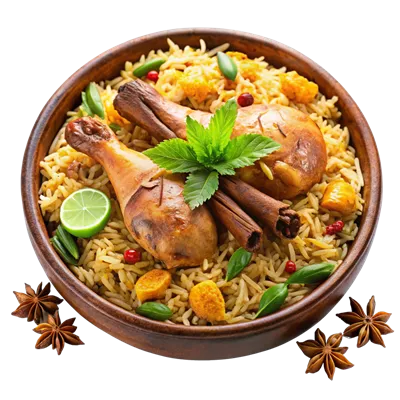 عکس دوربری خوراک برنج با مرغ لذیذ در کاسه چوبی با ادویهجات معطر و گیاهان