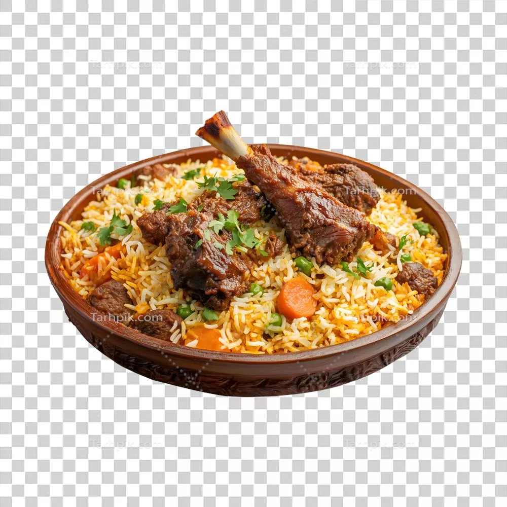 عکس دوربری کباب بریانی پای بز در ظرف برنجی با پسزمینه شفاف برای تبلیغات و پوششهای زینتی