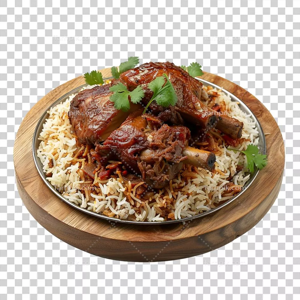عکس دوربری برنج و گوشت بره در پسزمینه شفاف - ترکیبی خوشمزه و سالم