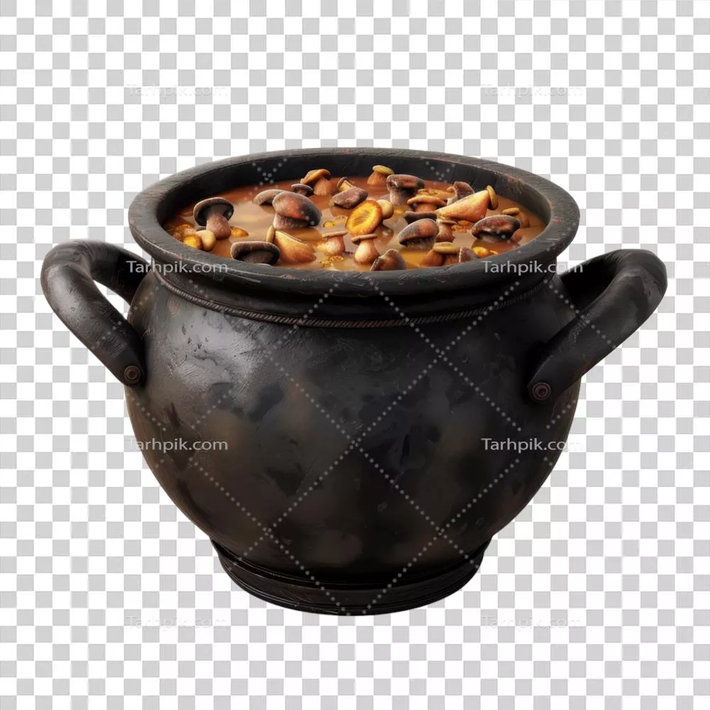عکس دوربری دیگ سیاه پر از آبگوشت قارچ: احساسات و عطر غنی در یک ظرف زیبا