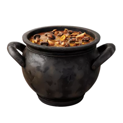 عکس دوربری دیگ سیاه پر از آبگوشت قارچ: احساسات و عطر غنی در یک ظرف زیبا