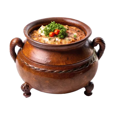 عکس دوربری یک ظرف برونی قهوه ای با خوراکی های خوشمزه در آن