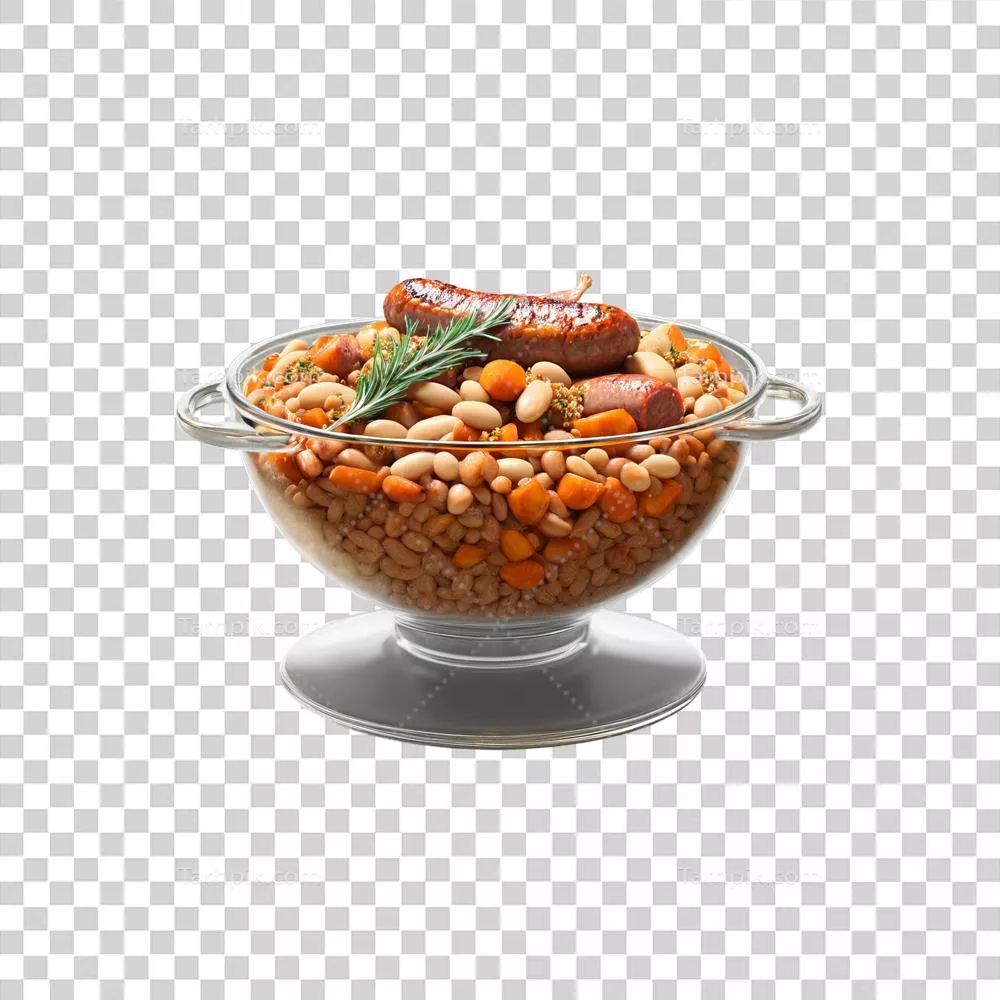 عکس دوربری کاسوله دلپذیر با لوبیا چشم بلبلی پخته شده، سوسیس سیر و کنسرو کبابی، و تکه های نان معطر