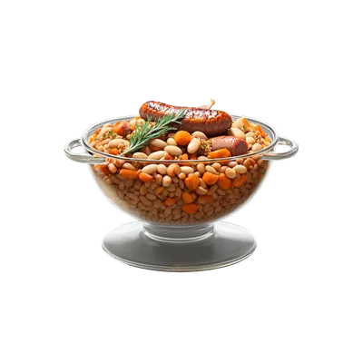 عکس دوربری کاسوله دلپذیر با لوبیا چشم بلبلی پخته شده، سوسیس سیر و کنسرو کبابی، و تکه های نان معطر