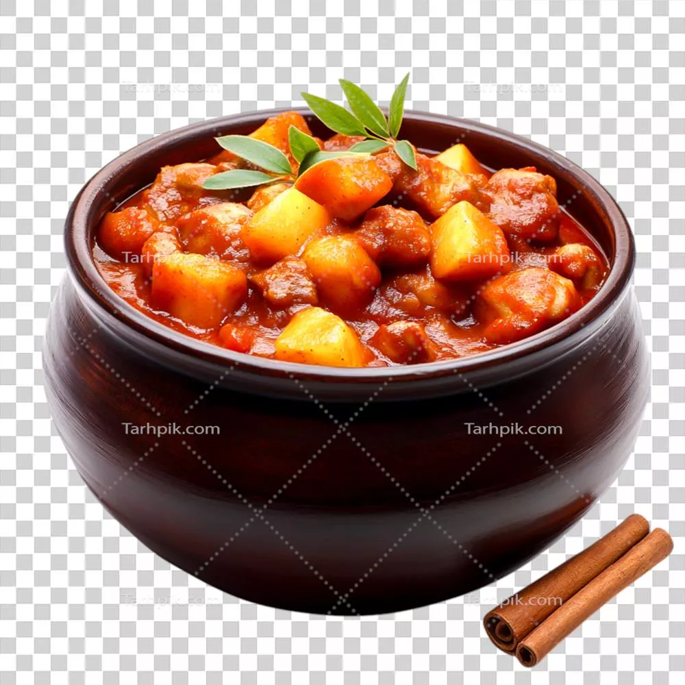 عکس دوربری خورشت سبزیجات خوشمزه با سیبزمینی و ادویهجات در قابلمه سفالی دستساز