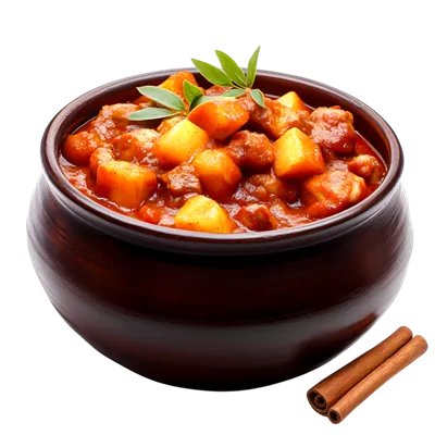 عکس دوربری خورشت سبزیجات خوشمزه با سیبزمینی و ادویهجات در قابلمه سفالی دستساز