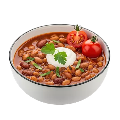 عکس دوربری بول مخلوط از چیلی با لوبیاهای متنوع و خامه ترش و جعفری تازه