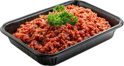 عکس دوربری گوشت چرخ کرده خوشمزه با سس گوجه فرنگی و سبزیجات تازه در ظرف